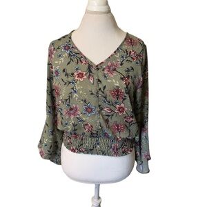Kaii Olive Floral V-Neck Blouse with Pink and Blue Flowers